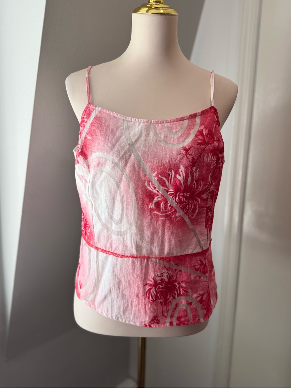 Kenzel Pink Floral Sheer Overlay Cami linen feel Top Women’s Size EU46 (US XL 14